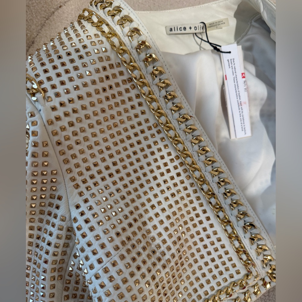 Alice + Olivia MAIRA Cropped Leather Jacket with Chain Trim - Picture 10 of 10